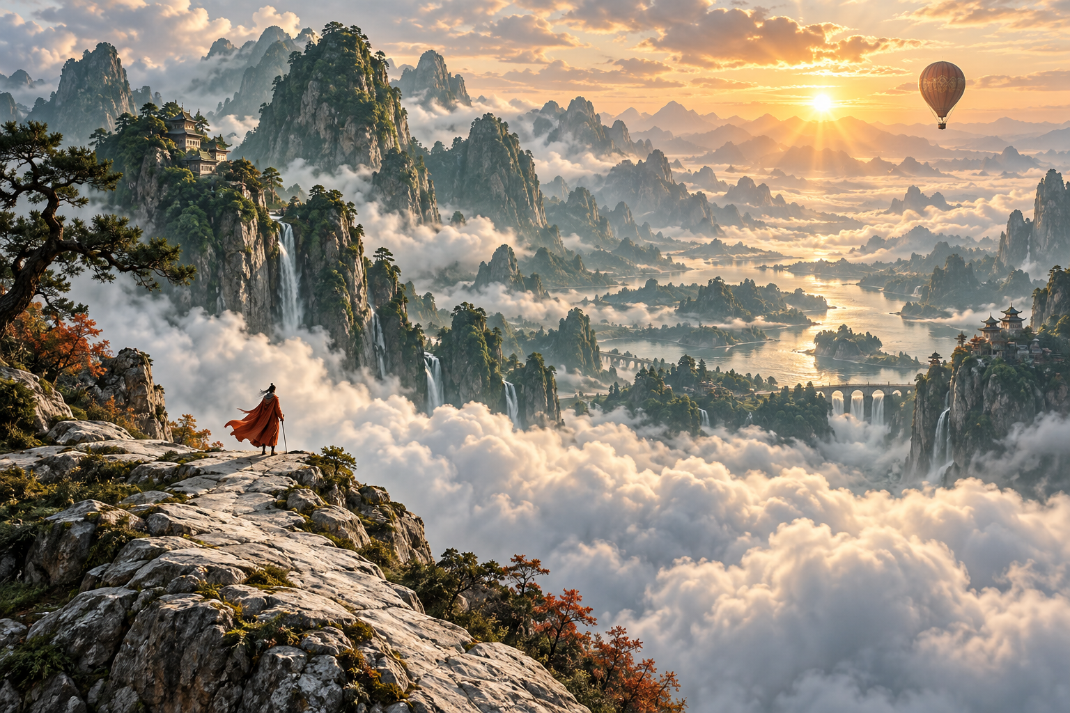 红披风旅人站在山岭之上，远方云海与日出形成电影感场景